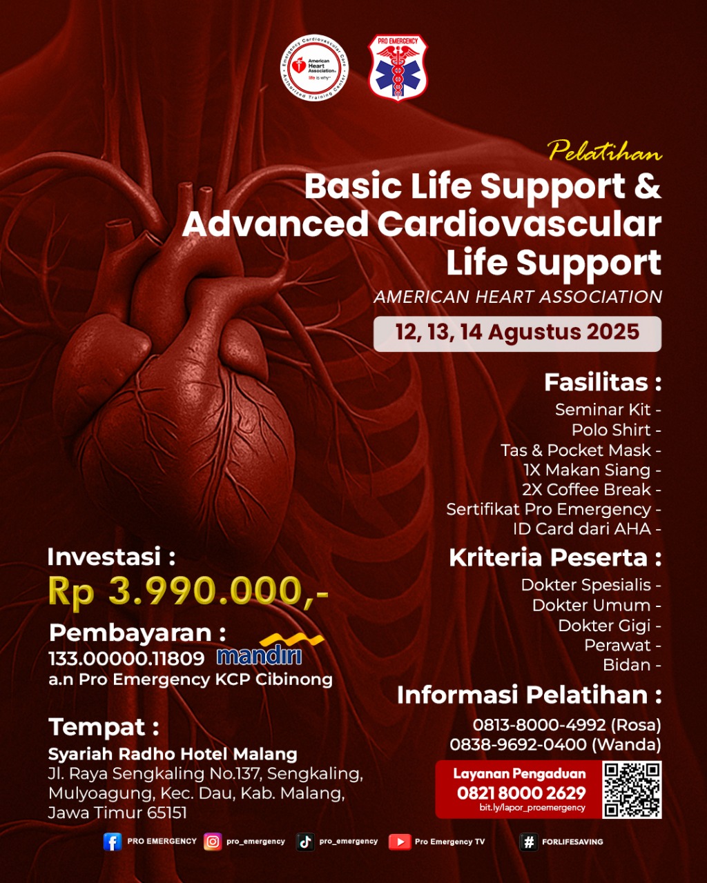 Pelatihan Standar International BLS & ACLS – Sertifikasi Resmi AHA tanggal 12 - 14 Agustus 2025